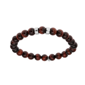 Bracelet extensible en argent platiné avec boules Oeil de tigre rouge véritable et 2 charms à graver