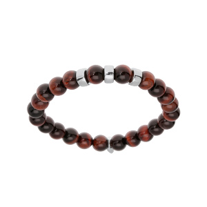 Bracelet extensible en argent platiné avec boules Oeil de tigre rouge véritable et 3 charms à graver