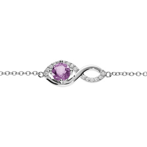 Bracelet en argent rhodié chaîne avec infini Améthyste véritable et oxydes blancs sertis 16+3cm