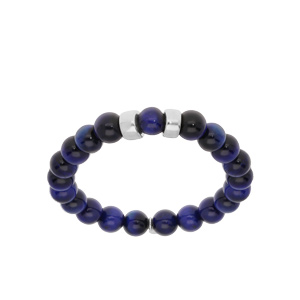 Bracelet extensible en argent platiné avec boules Oeil de tigre bleu véritable et 2 charms à graver
