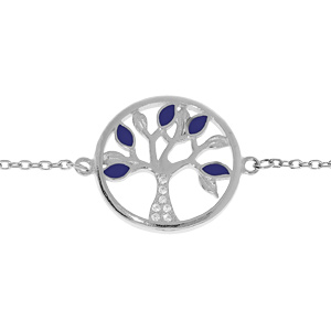 Bracelet en argent rhodié chaîne avec pastille motif arbre de vie couleur bleue et oxydes blancs 16+
