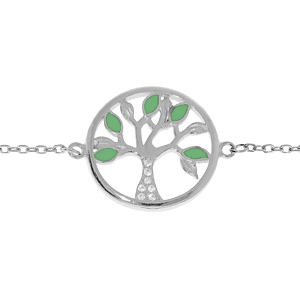 Bracelet en argent rhodié chaîne avec pastille motif arbre de vie couleur verte et oxydes blancs 16+
