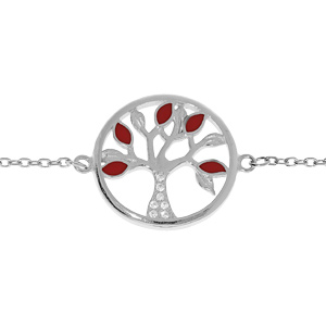 Bracelet en argent rhodié chaîne avec pastille motif arbre de vie couleur rouge et oxydes blancs 16+