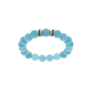 Bracelet extensible en argent platiné avec boules Jade bleu véritable et 2 charms à graver