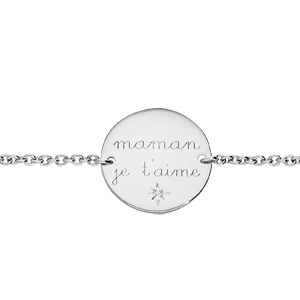 Bracelet en argent rhodié chaîne avec pastille maman je t'aime 1 oxyde blanc serti longueur 16+3cm