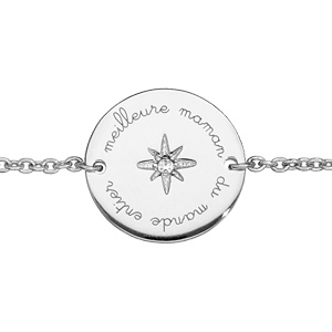 Bracelet en argent rhodié chaîne avec pastille « meilleure maman du monde entier » et oxyde blanc serti 16+3cm