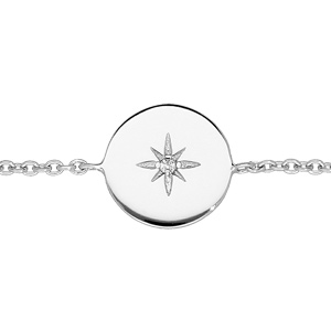 Bracelet en argent rhodié chaîne avec pastille et etoile oxyde blanc serti longueur 16+3cm