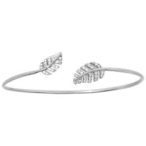 Bracelet jonc en argent rhodié avec feuillage et oxydes blancs sertis