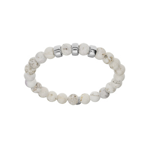 Bracelet extensible en argent platiné avec boules Howlite blanche et marron véritable et 3 charms à graver