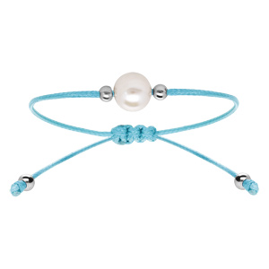 Bracelet en argent rhodié cordon réglable bleu ciel avec perle d’eau douce