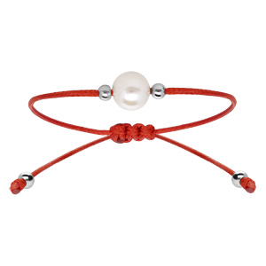 Bracelet en argent rhodié cordon réglable rouge avec perle d’eau douce