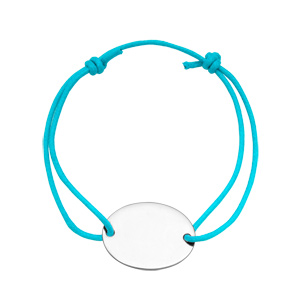 Bracelet en argent cordon coulissant bleu turquoise avec plaque ovale à graver