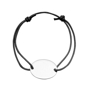 Bracelet en argent cordon coulissant noir avec plaque ovale à graver