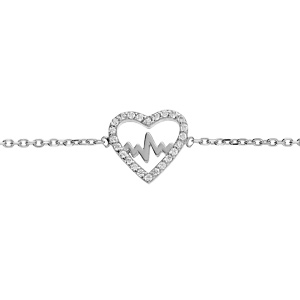 Bracelet en argent rhodié chaîne avec coeur motif courbe de vie et oxydes blancs sertis 16+2cm