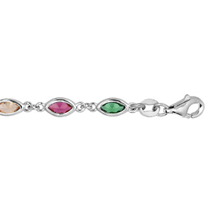 Bracelet en argent rhodié avec oxydes multi couleur en forme de navette longueur 16+3cm