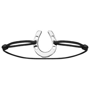 Bracelet cordon réglable noir avec fer à cheval en argent rhodié