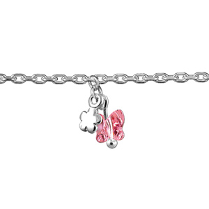 Bracelet en argent chaîne avec 3 pampilles papillons en oxyde rose et fleurs – longueur 18cm réglable