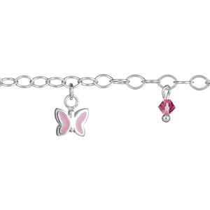 Bracelet en argent chaîne avec pampilles papillons et oxydes roses alternés – longueur 14cm + 2cm réglable