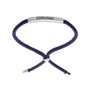 Bracelet en argent rhodié cordon coulissant bleu foncé et plaque à graver