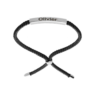 Bracelet en argent rhodié cordon coulissant noir et plaque à graver