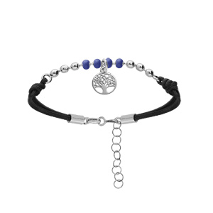 Bracelet en argent rhodié cordon noir avec boules bleues et pampille arbre de vie 16+3cm
