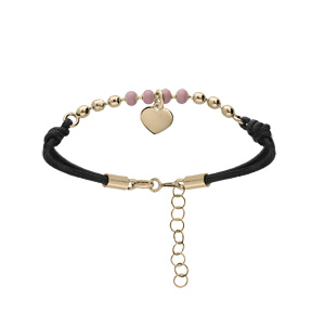 Bracelet en argent et dorure jaune cordon noir avec boules Reine Rose et pampille coeur 16+3cm