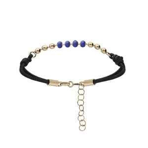 Bracelet en argent et dorure jaune cordon noir avec boules bleues 16+3cm