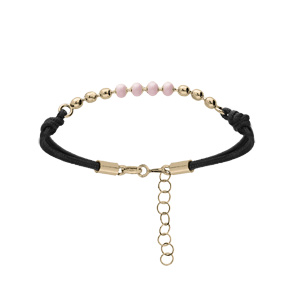 Bracelet en argent et dorure jaune cordon noir avec boules roses 16+3cm