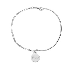 Bracelet en argent rhodié semi rigide et chaînette réglable avec médaille à graver