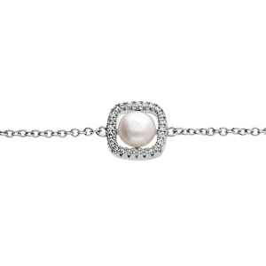 Bracelet en argent rhodié chaîne avec carré d’oxydes blancs et Perle de culture d’eau douce blanche 16+3cm