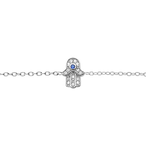 Bracelet en argent rhodié chaîne avec main de fatma et oxydes blancs et bleu sertis 16+3cm