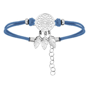 Bracelet en argent rhodié cordon bleu ciel et attrape rêve 16+3cm