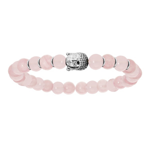 Bracelet en argent rhodié extensible avec boules quartz rose et tête de Bouddha