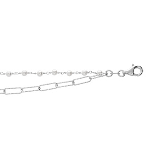 Bracelet en argent rhodié double chaîne maille rectangulaire et ornée de perles blanches 15+3cm