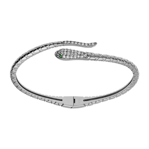 Bracelet en argent massif serpent articulé oxydes blancs et yeux oxydes verts diamètre 60mm