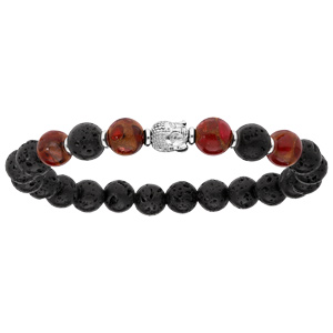 Bracelet en argent rhodié extensible avec pierres de lave, boules de quartz rouge et tête de Bouddha
