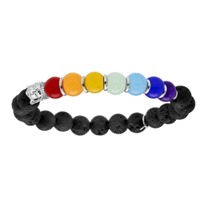 Bracelet extensible en argent rhodié avec Pierres de lave et Jadéite couleur chakra et tête de Boudd
