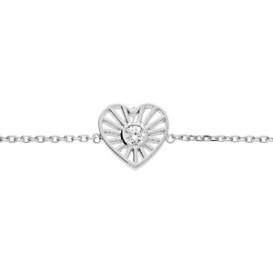 Bracelet en argent rhodié chaîen avec pastille coeur soleil et oxyde blanc serti 16+2cm