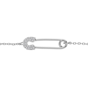 Bracelet en argent rhodié chaîne avec épingle à nourrice oxydes blancs sertis 16,5+3cm