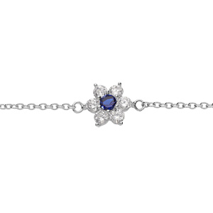Bracelet en argent rhodié chaîne motif marguerite avec oxyde centre bleu foncé et contour blancs ser