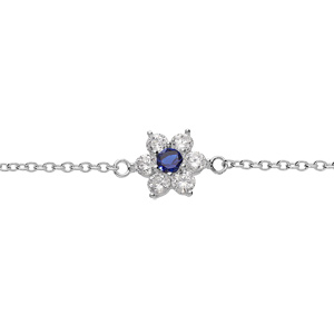 Bracelet en argent rhodié chaîne motif marguerite avec oxyde centre bleu foncé et contour blancs sertis 16.5+2cm