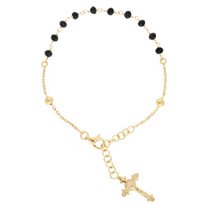 Bracelet en argent et dorure jaune chapelet et pierres facettes noires 16,5+2,5cm