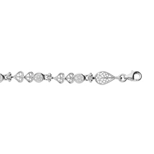 Bracelet en argent rhodié maillons filigranes, coeur et oxydes blancs 16+3cm