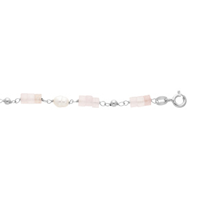 Bracelet en argent platiné rondelles de Quartz rose poudré véritable et Perles de Culture d’eau douce 16+3cm