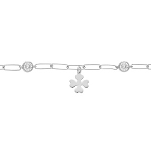 Bracelet en argent rhodié mailles rectangulaires et pampille trèfle 16+3cm