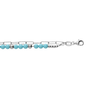 Bracelet en argent rhodié double chaîne avec perles bleues et mailles rectangles 15+3cm
