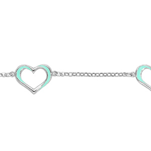 Bracelet en argent rhodié chaîne avec coeurs évidés turquoises 16+3cm