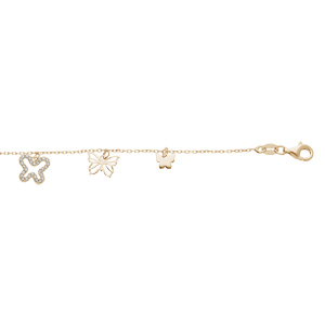 Bracelet en argent et dorure jaune chaîne avec pampilles papillon 15+3cm
