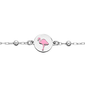 Bracelet en argent rhodié chaîne avec pastille motif flamant rose 15+2cm