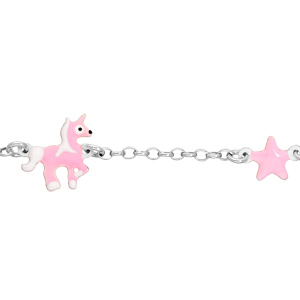 Bracelet en argent rhodié chaîne avec licorne et étoile rose 14+2cm